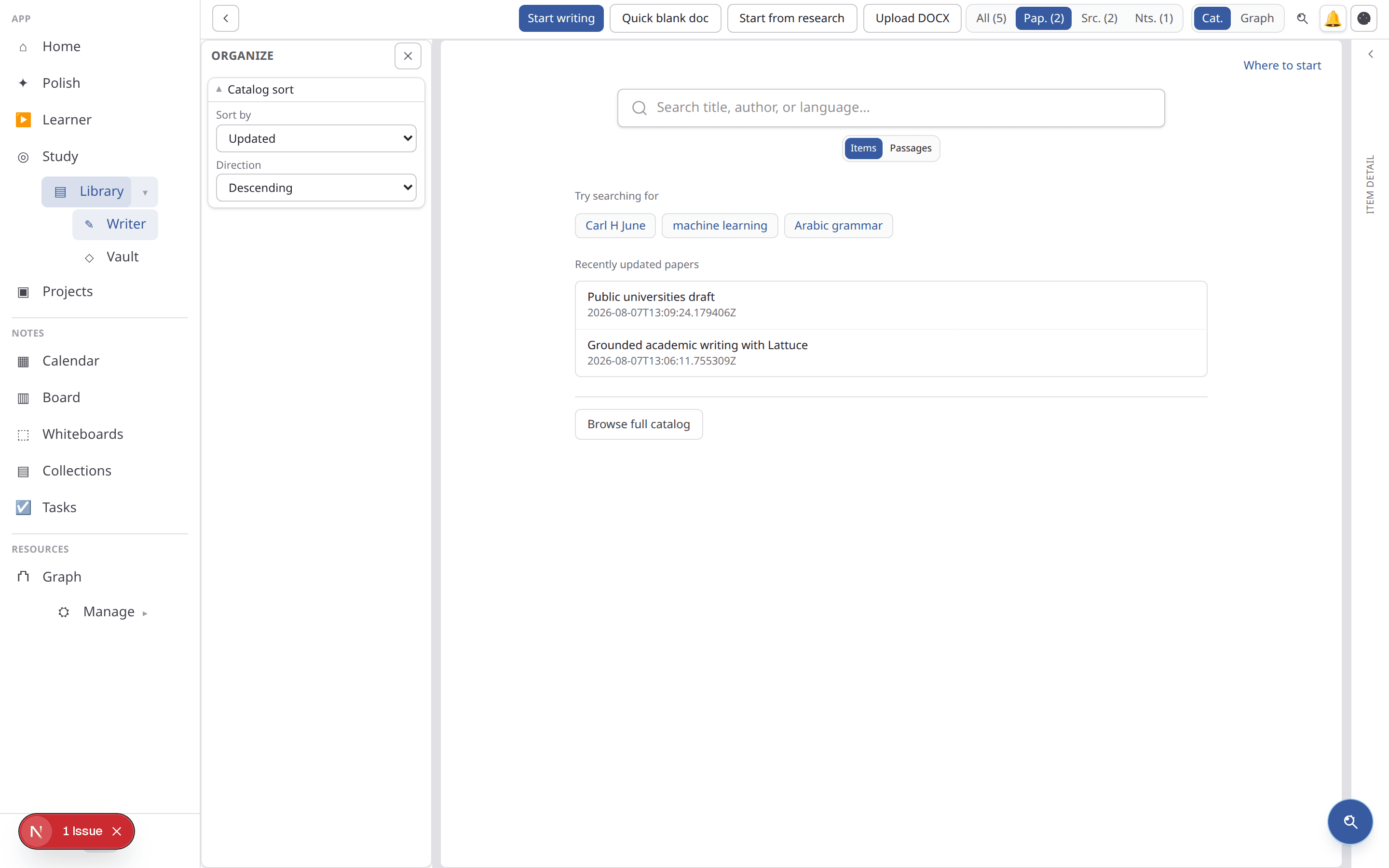 Lattuce Library catalog with papers and search.