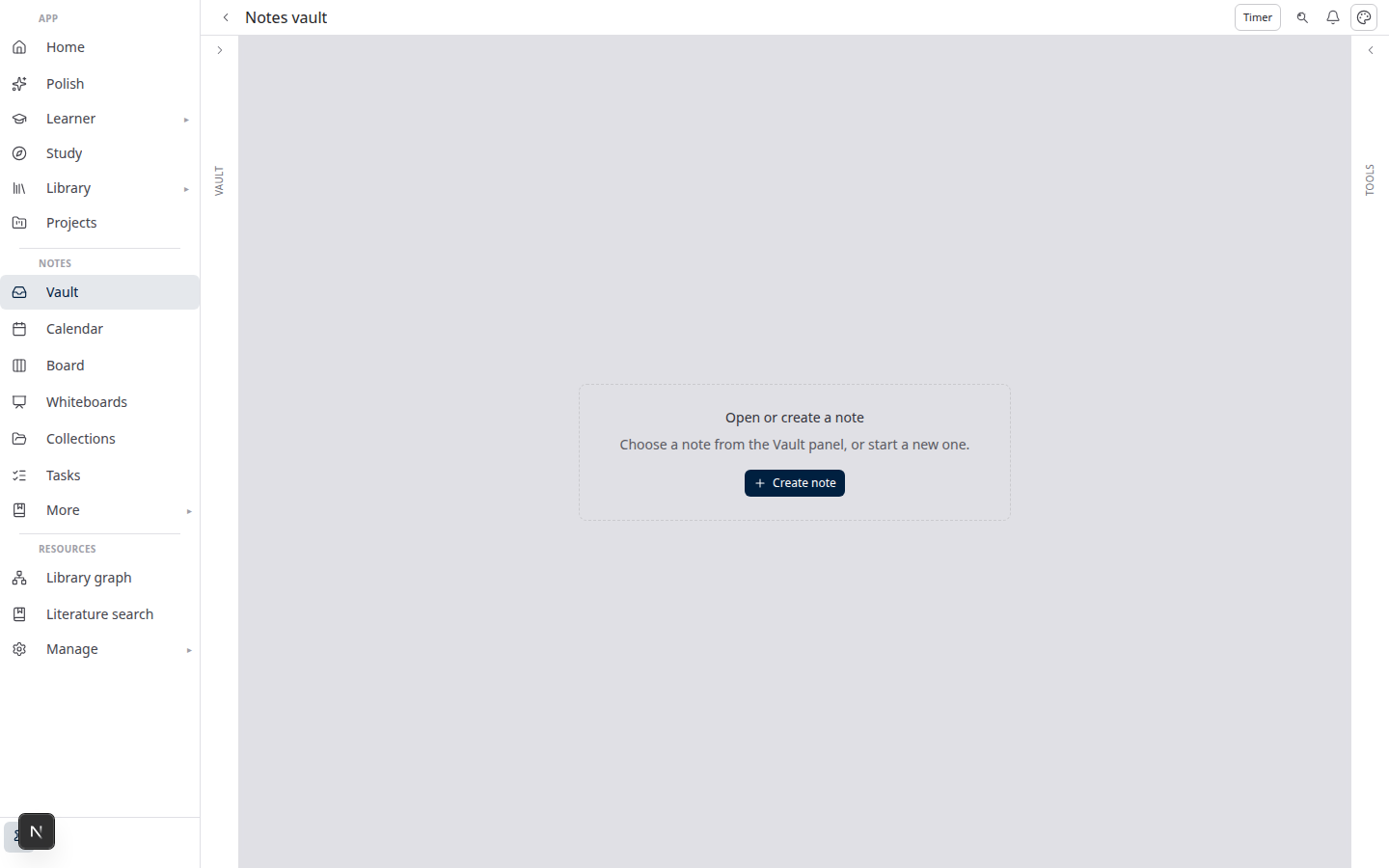 Notes vault with persistent navigation and workspace controls