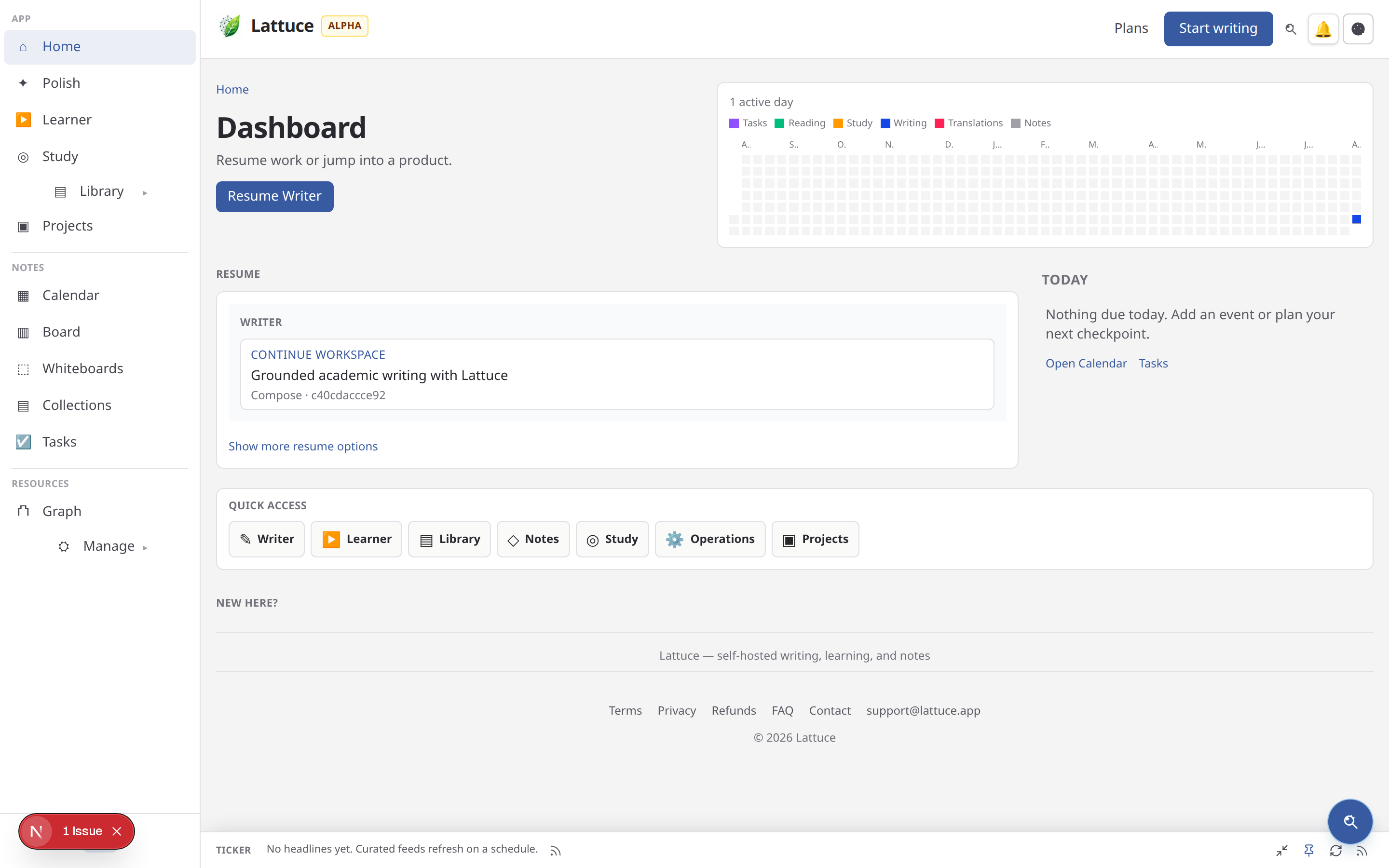 Lattuce home dashboard with Projects and research-workflow entry points